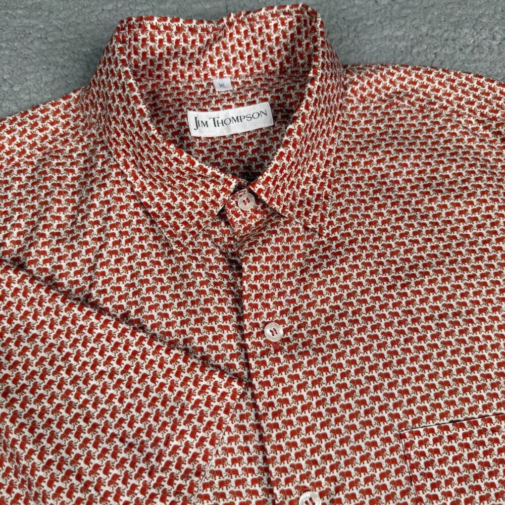 Jim Thompson Shirt Mens XL Red Elephant Print Silk Short Sleeve Button Up Thai